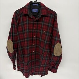 Vintage 60s Pendleton Red Wool Flannel Button Shirt Elbow‎ Pads Pocket USA Men M